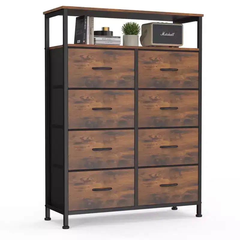 Cozy Dresser with 8 Fabric Drawers&Open Shelf, Tall TV Stand with Storage Cabinet, Chest of Drawers for Bedroom, Living Room