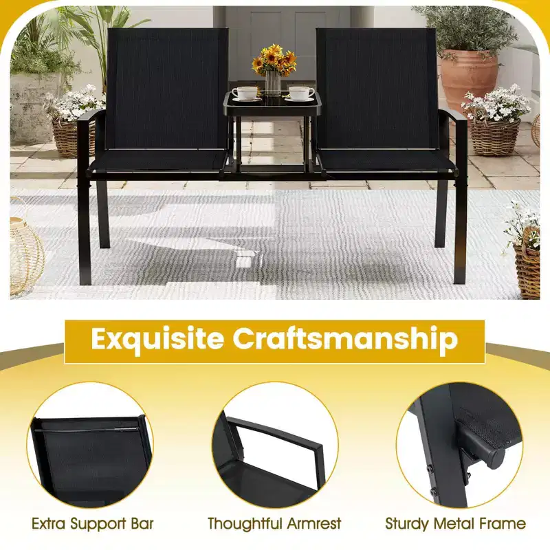 Costway Patio Loveseat with Built-in Table, Breathable Fabric Back and Seat, Metal Frame Black