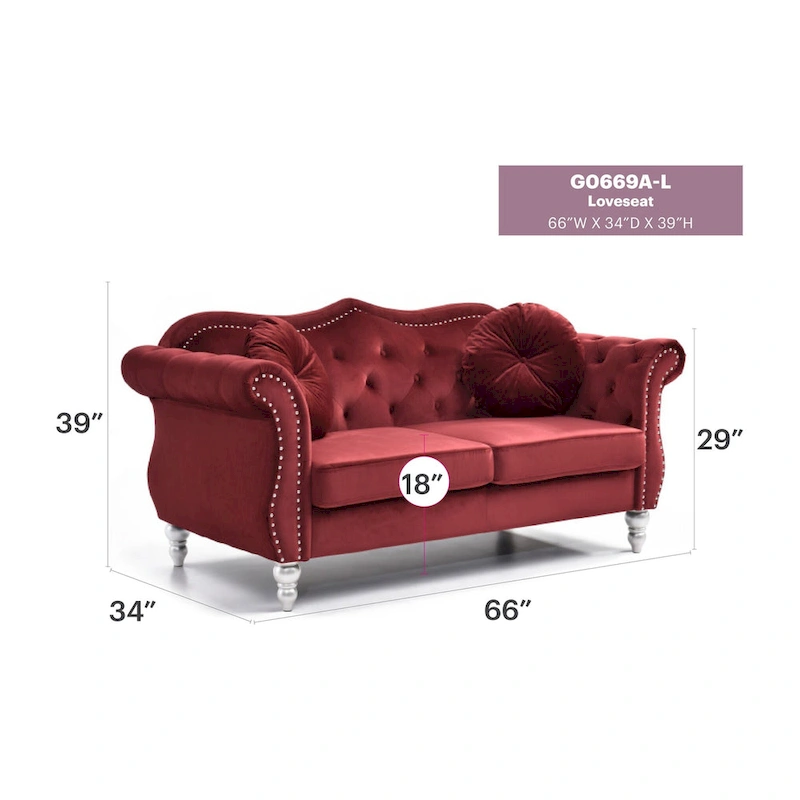 Hollywood 68 in. Velvet Chesterfield Loveseat with 2-Throw Pillow - 68L x 35W x 34H