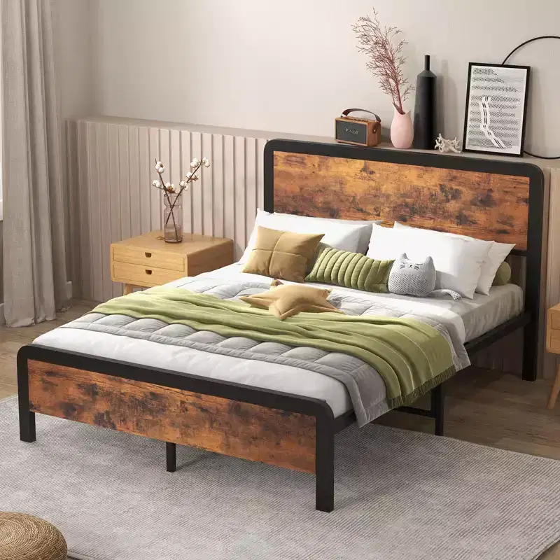 Bed Frame with Wood Headboard, Metal Platform Frame with Rounded Corner, 12 Storage Space Under