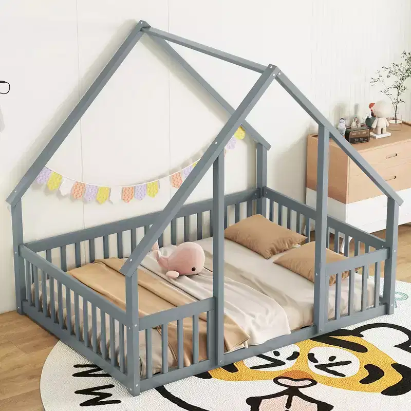 Twin Wood House-shaped Floor Bed with Fence and Guardrails - Gray