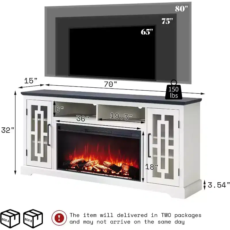 AMERLIFE Farmhouse Fireplace TV Stand with 36in Electric Fireplace for TVs Up to 80, Distressed White