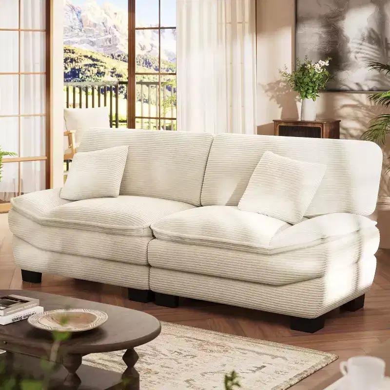 Beige 87 Corduroy Couch with 2 Pillows, Sailboat-Shape Deep Seat Sofa for Living Room, Small Space, Office, Apartment