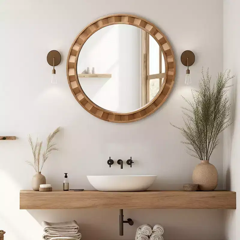Natural Wood Frame Round Wall Mirror, 28 Rustic Wooden Decor Brown