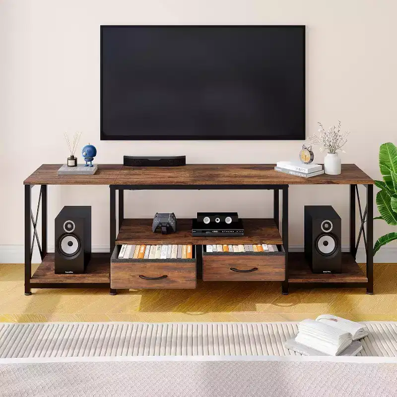 Wood & Fabric TV Console Table with Open Shelves and Drawers