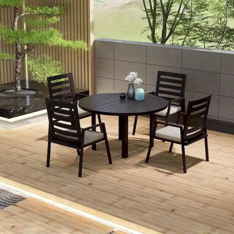 Round Dining Table Powder-Coated Aluminum Top with Slatted Design and Umbrella Hole for Family Gatherings & Parties