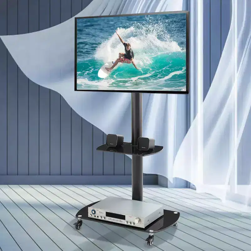 MAYEERTY Black Multi-Function TV Stand - Angle & Height Adjustable, Tempered Glass