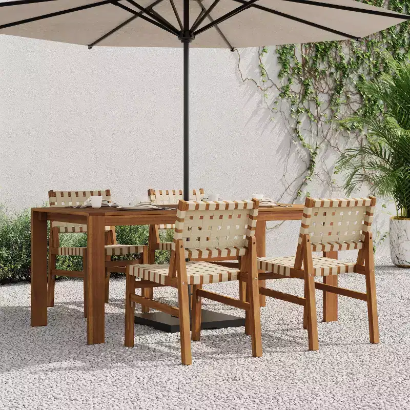 Christopher Knight Home Prem Modern 5 Piece Acacia Wood Patio Dining Set with PE Woven Rope and Slatted Table
