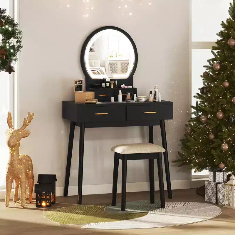 Small Vanity Desk with Mirror & Lights, Cushioned Stool, 3 Adjustable Lighting Colors