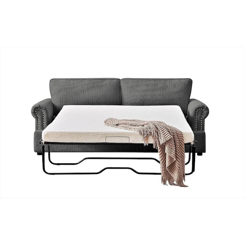 76-Inch Corduroy Sofa Bed with Round Arms and Pull-Out Queen Mattress