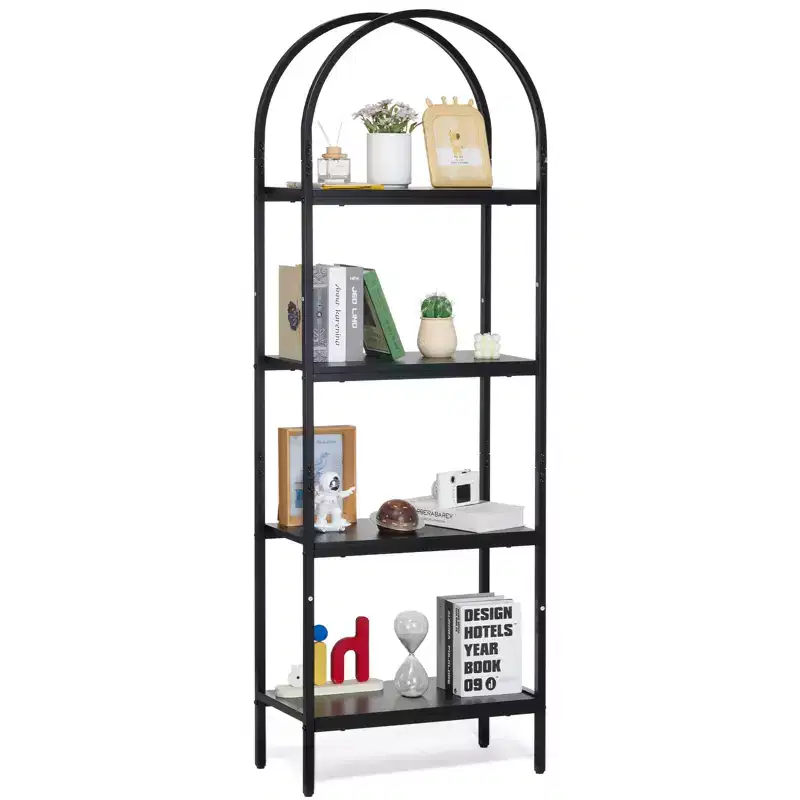 4-Tier Arched Industrial Metal Bookshelf - Rustic Vintage Open Shelves, Freestanding