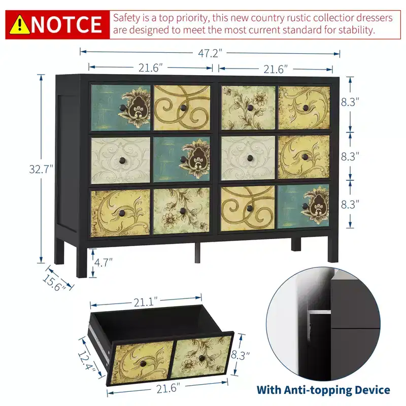 6 Drawer Dresser Living Room Cabinet, Home Storage Furniture, Drawer Storage, Wooden Chest of Drawers, Retro Floral Pattern Dresser,