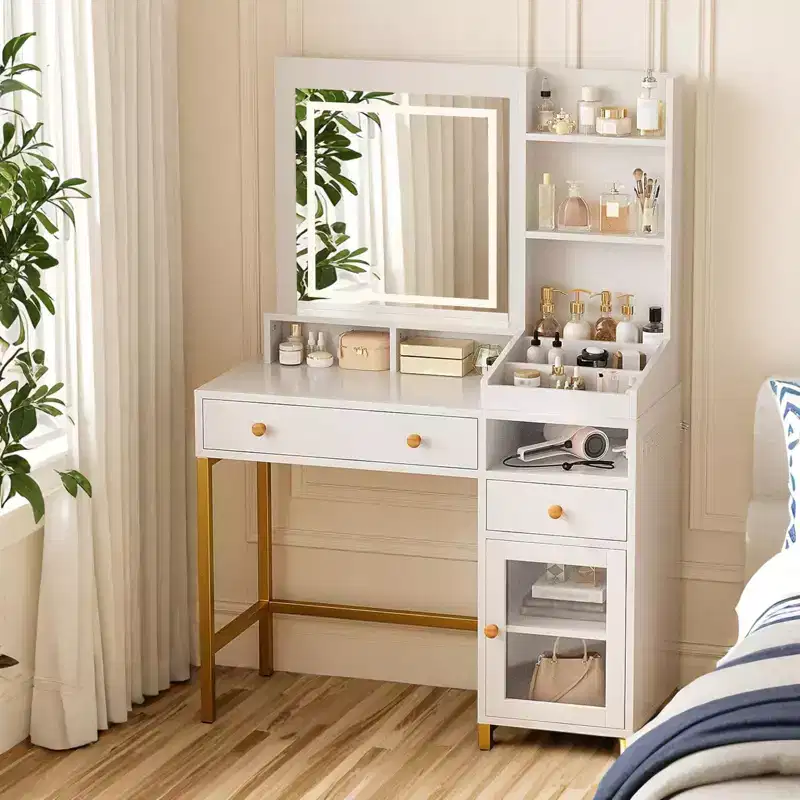 White Lighted Vanity Desk with Mirror, 2 Drawers & Acrylic Cabinet, Power Outlet, Single-User Makeup Table