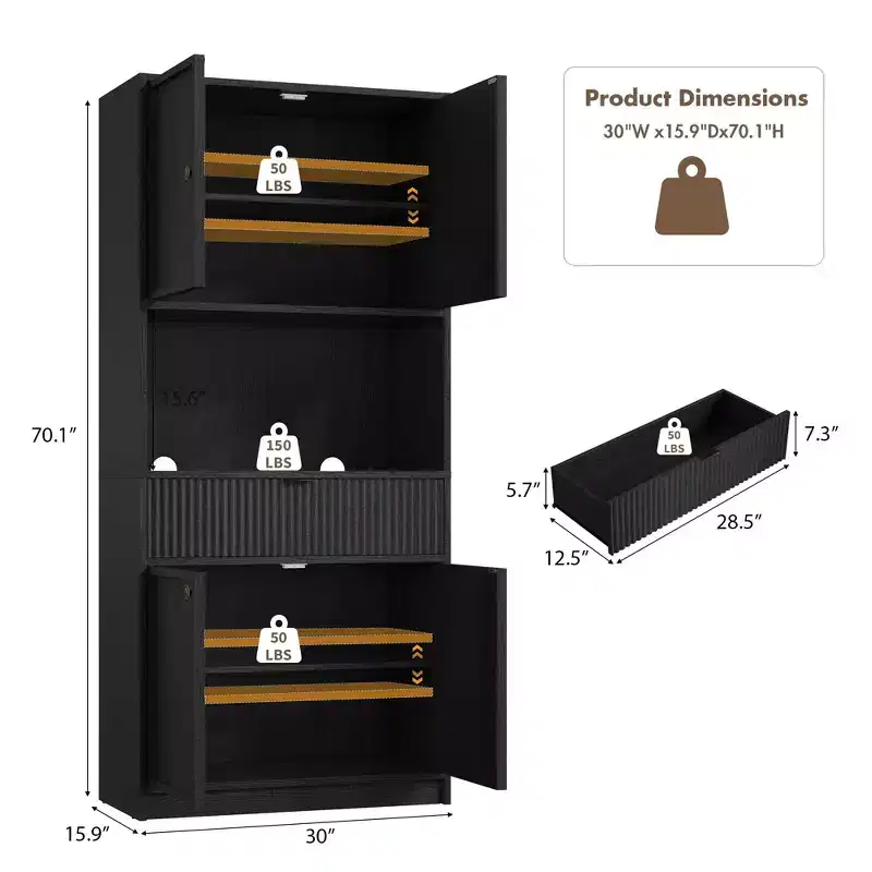 Tall Kitchen Pantry Cabinet, 70 Pantry Storage Cabinet with Countertop, Fluted Kitchen Hutch Cabinets with Doors and Drawer, Freestanding Cupboard