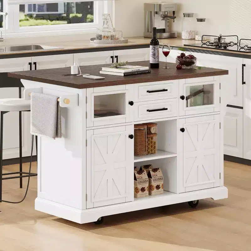 Okak Kitchen Island with Drop Leaf and Power Outlet, Kitchen Cart with 4 Door Shelves and Barn Doors, 4 Wheels Countertop Organizer for Kitchen, White