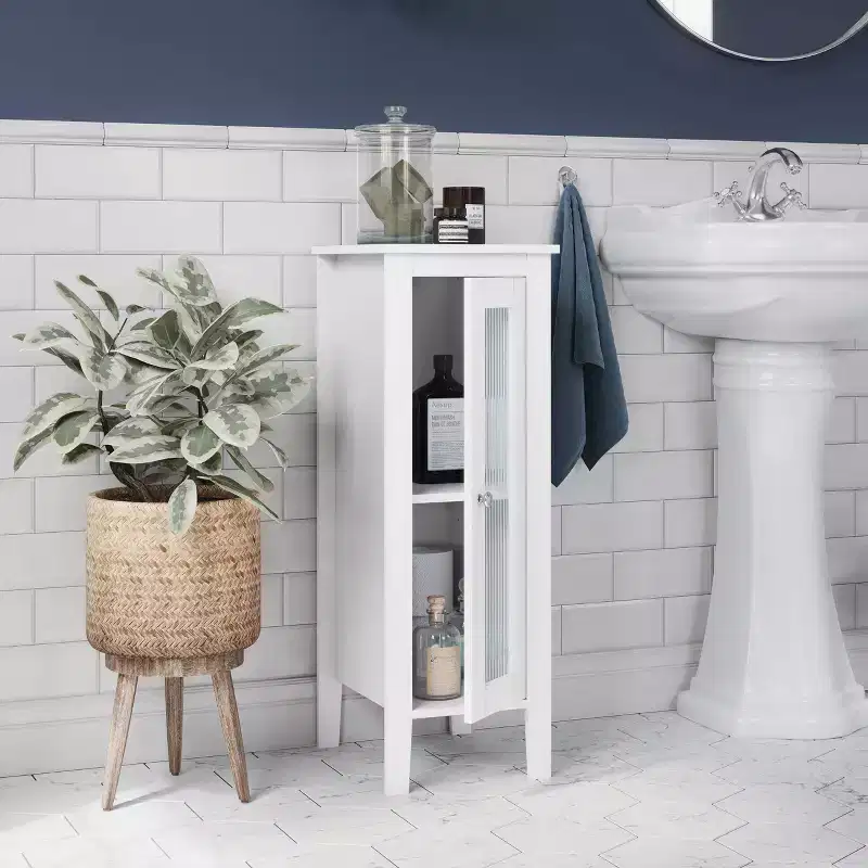 RiverRidge Prescott Single Door Narrow Bathroom and Laundry Storage Cabinet and Organizer with Adjustable Shelves - White