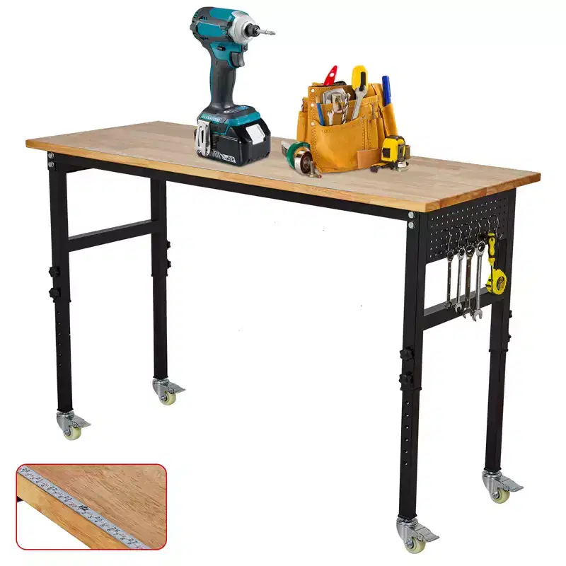 COZONY Heavy-Duty Automotive Tool Cart, Steel Workbench w/ Rubber Wood Top, Wheels & Pegboard