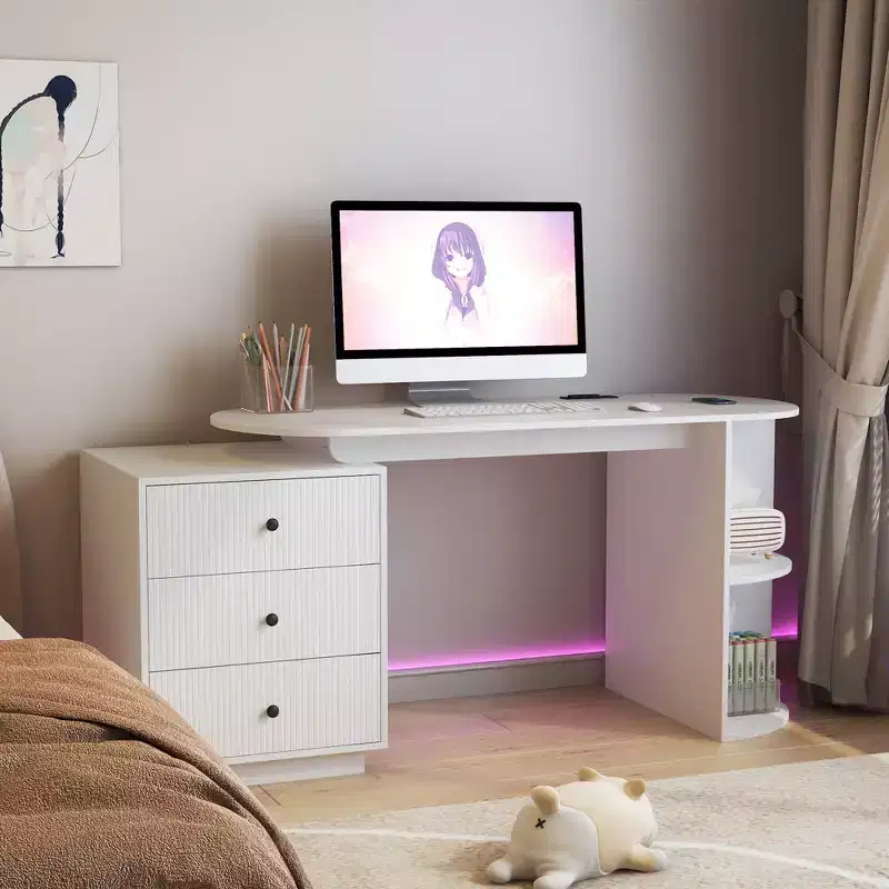 Modern Computer Desk with Drawers, Open Shelves, AC Power Sockets and USB Charging Ports