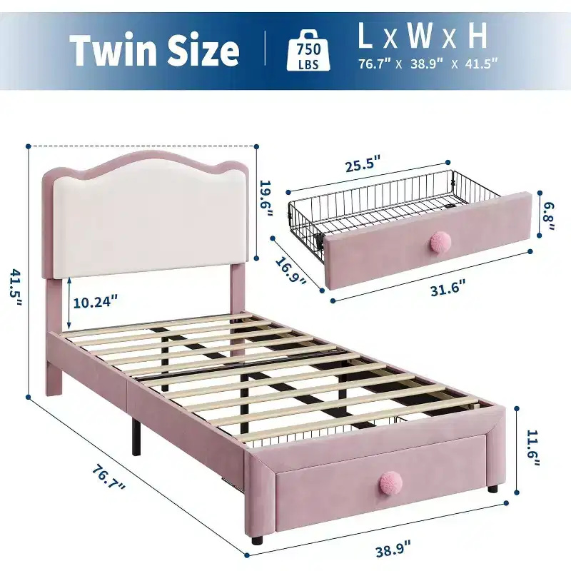 Pink Upholstered Twin Bed Frame with Scallop Headboard & Storage Drawer, Platform Bed with Wooden Slats, No Box Spring Needed