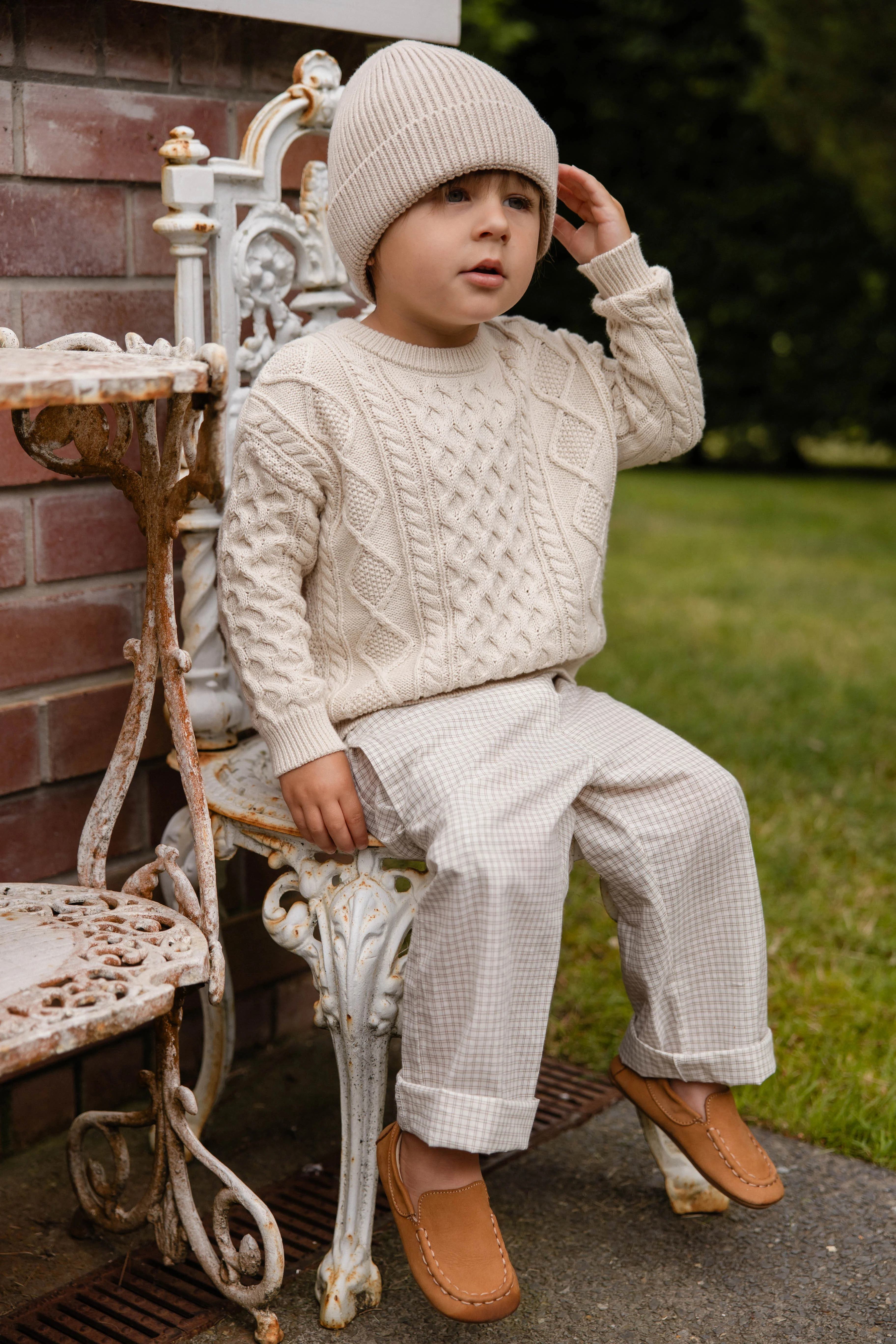 Timeless Pecan Double Windowpane Check Organic Cotton Relaxed Pant with Waist Tie for Kids 6M–8Y