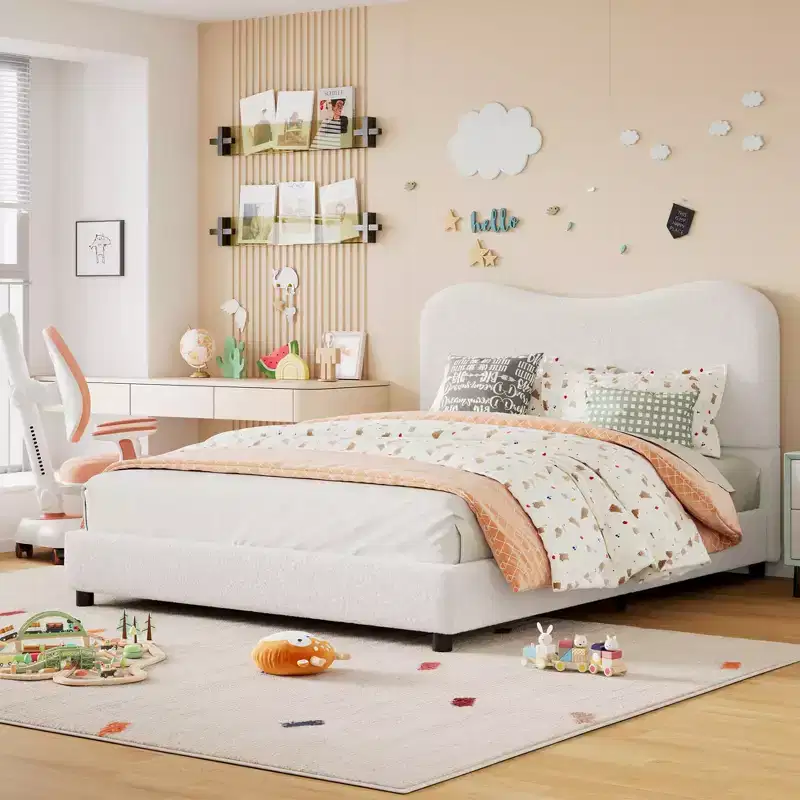 Bed Frame for Kids with Velvet Upholstered Headboard, No Box Spring Needed, White