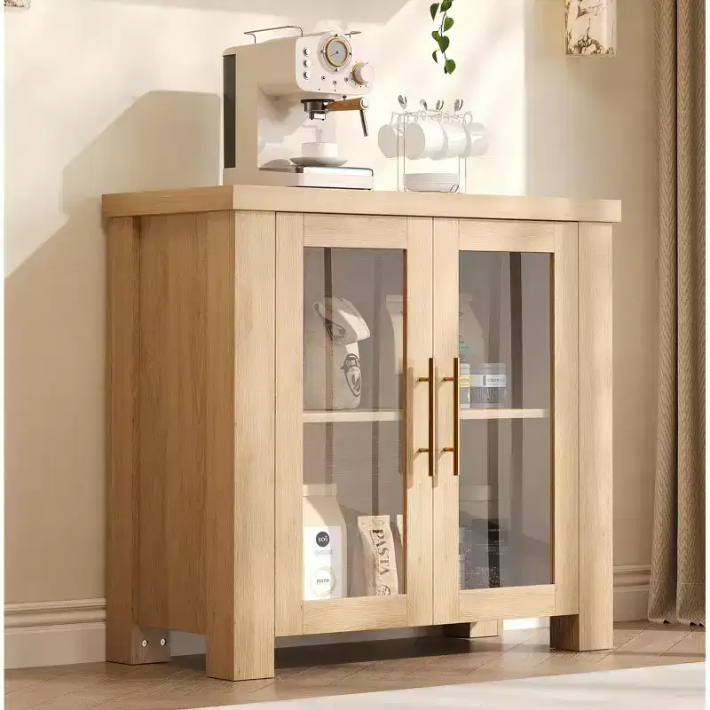 Buffet Cabinet with Storage, 59 Sideboard Credenza with Tempered Glass Doors, Wood Buffet Table for Living Room, Dining Room, Kitchen