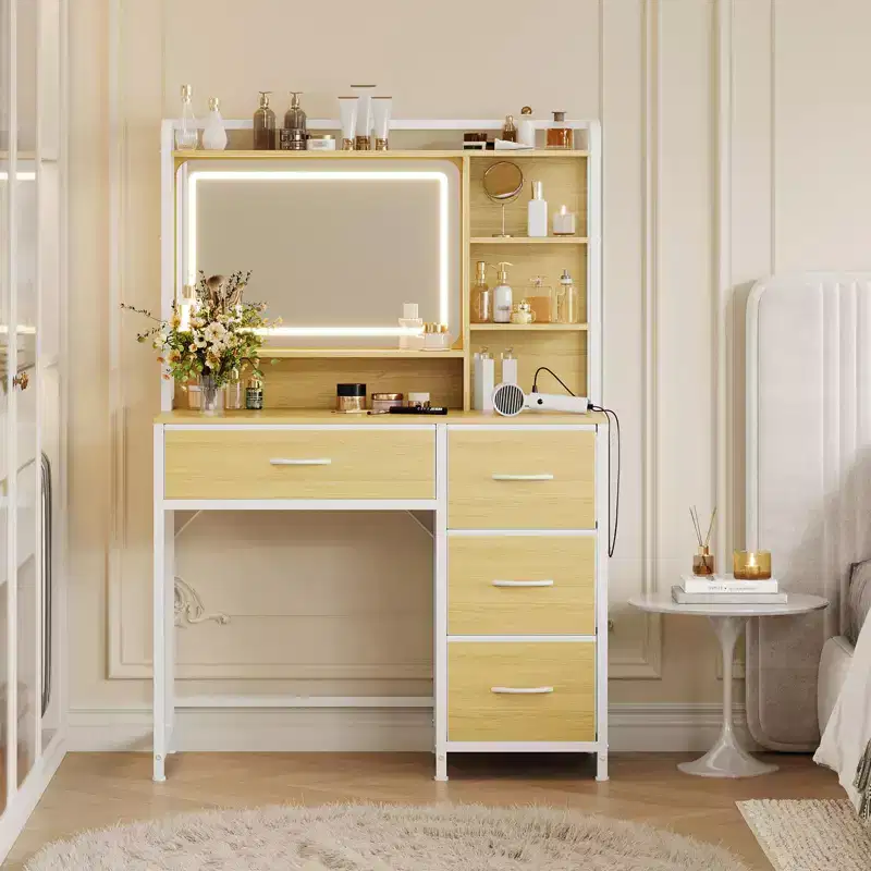 COZONY Vanity Desk with Mirror, 35.4 Makeup Vanity Table with Shelves & 4 Fabric Drawers, Modern Dressing Table for Bedroom