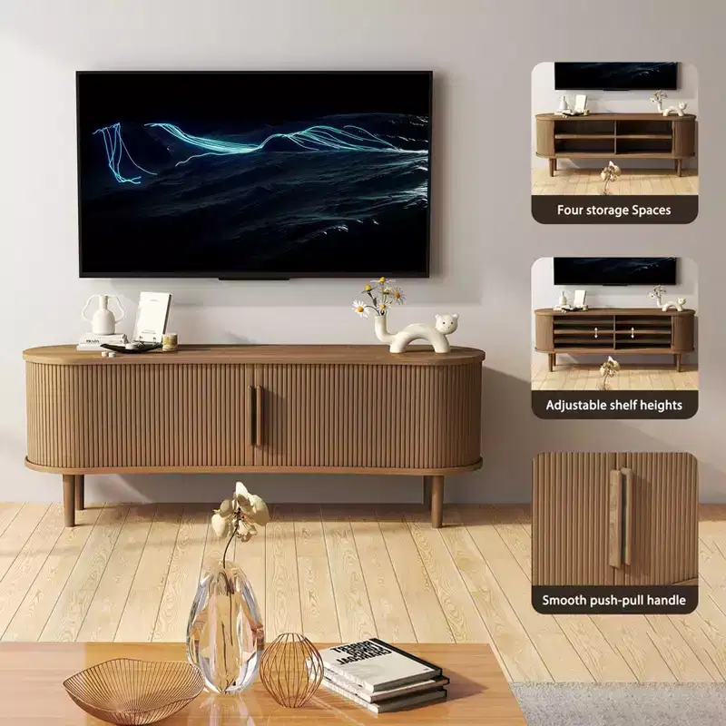 AEELLEEA TV Stand MDF Mid Century Modern Media Console Table Entertainment Center with Storage Handle Door for Living Room Office Walnut