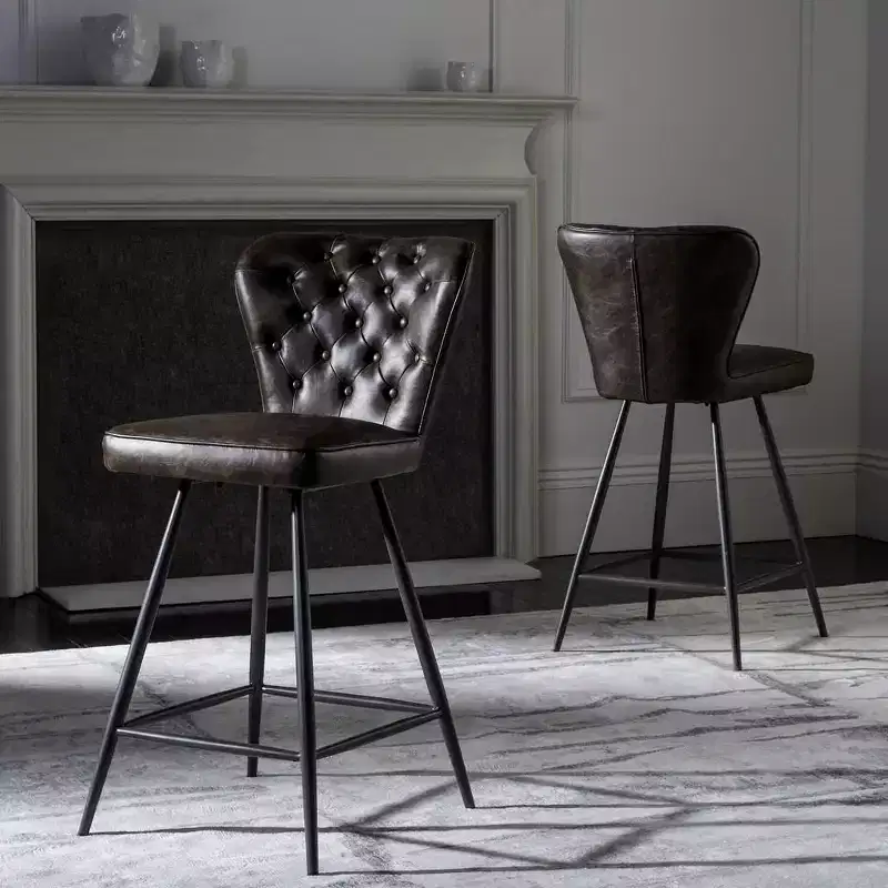 26H Mid-Century Modern Leather Tufted Swivel Counter Stool (Set Of 2)