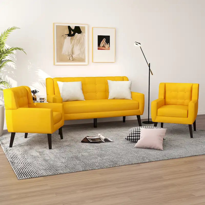 Tufted Linen/Cotton Loveseat with 2 Accent Chairs