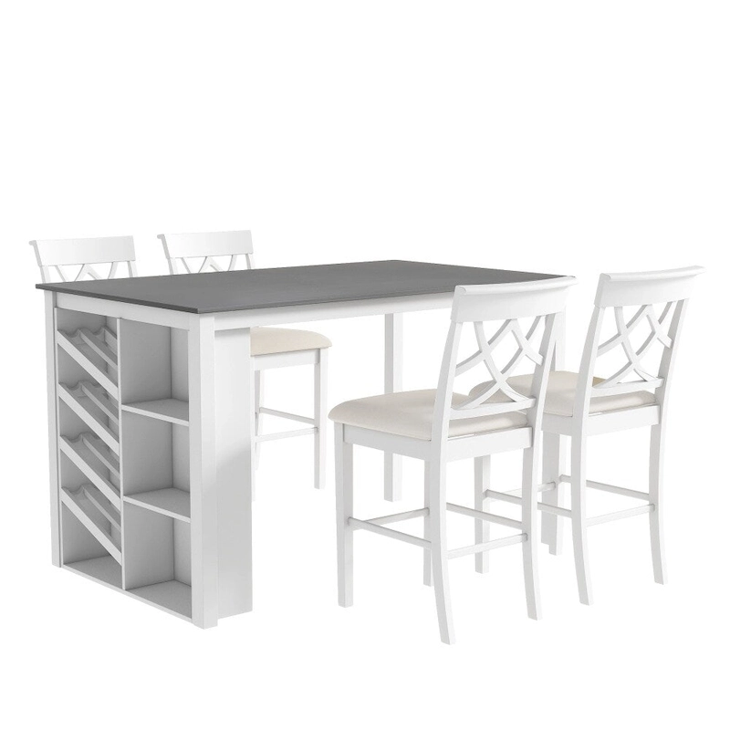 Counter Height 5-Piece Dining Set with Wine Rack, 4 Upholstered Chairs