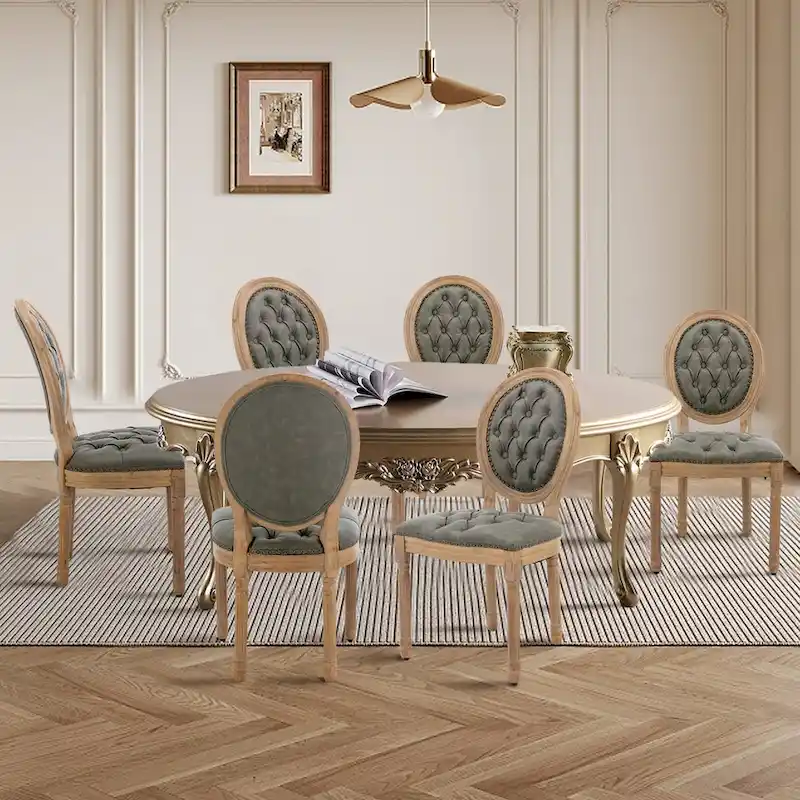 Farmhouse French Dining Room Antique Painting Chairs with PU Set of 6