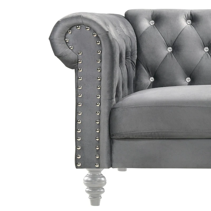 Ben 62 Inch Velvet Loveseat with Crystal Tufted Back, Grey