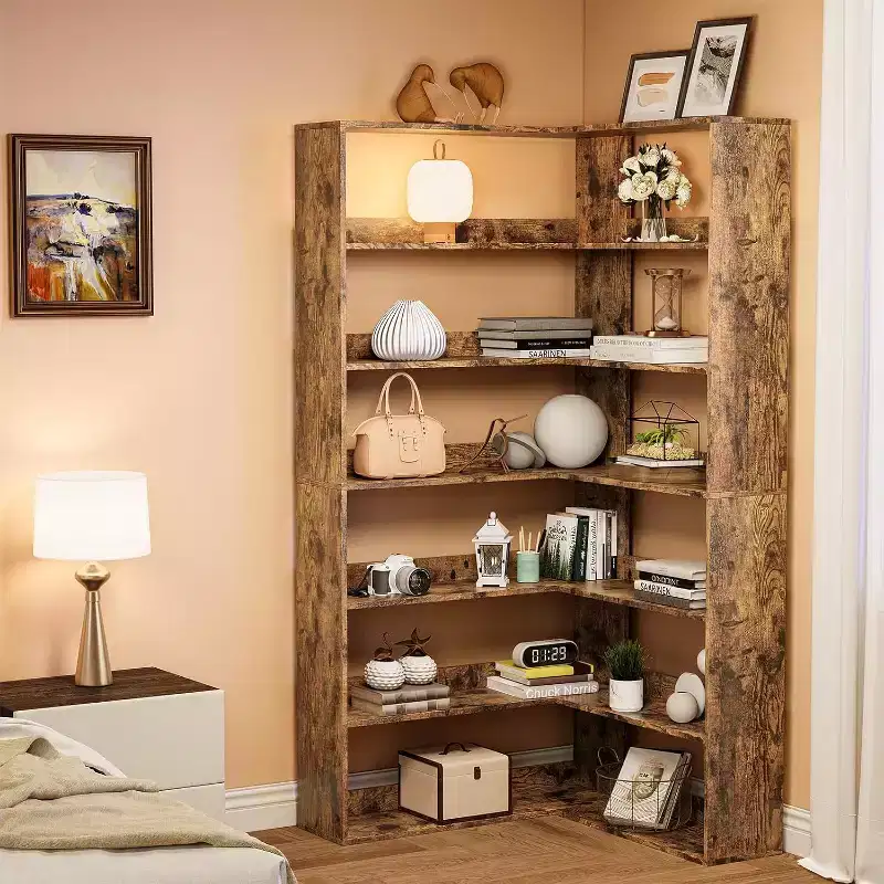 Corner Bookshelf, Large Corner Bookcase, 6 Tier Tall Bookshelf w/Baffles, L Shaped Book Shelf Industrial Etagere Book Shelves for Living Room