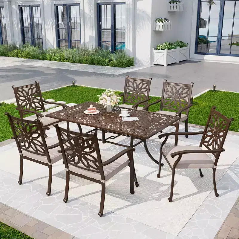 Captiva Designs 7PC Cast Aluminum Patio Dining Set with Rectangle Table & Flower Back Chairs