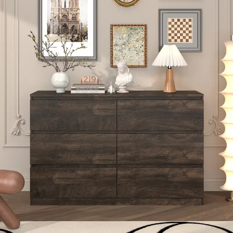 6-Drawer Side Cabinet with Rounded Edges – Brown / Grey / Dark Grey, Scratch-Resistant Surface