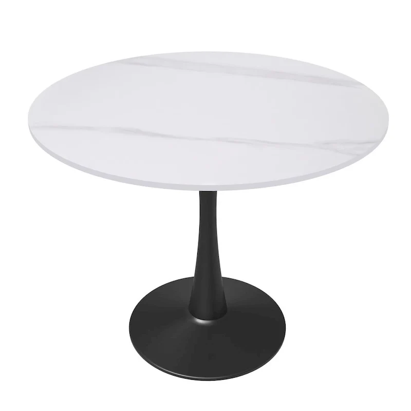 35in Round Dining Table with Sintered Stone Tabletop, Black Steel Pedestal Base, Scratch-Resistant
