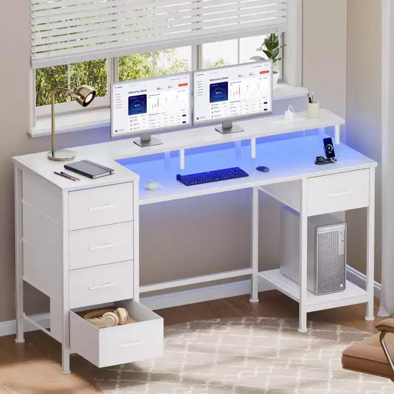 47 Inch White Computer Desk with Charging Station Reversible Gaming Desk LED Lights Fabric Drawers Home Office Storage Writing Table Bedroom Study