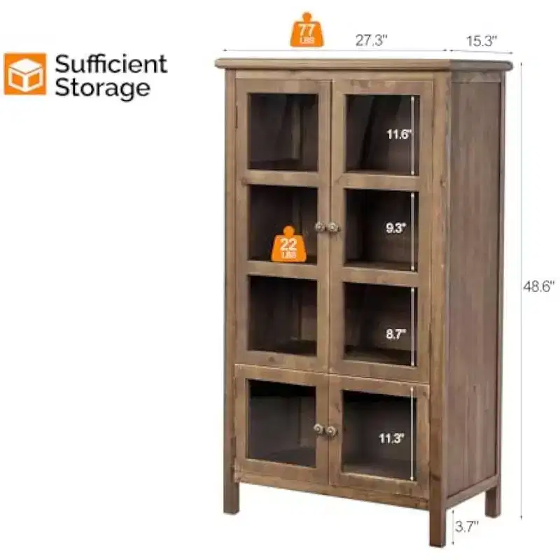 VINGLI Rustic Storage Cabinet with Glass Doors & Shelves, Showcase Display Cabinet with Cedar Wood Finish, Walnut