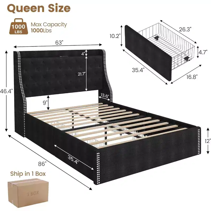 Bed Frame with Storage, 4 Under Bed Drawers and Wingback Headboard, Diamond Tufted Upholstered Platform, No Box Spring Required