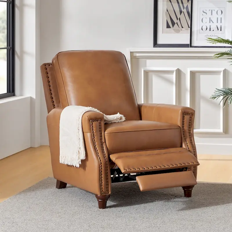 Cigar Mid-century Modern Genuine Leather Recliner with Nailhead Trim by HULALA HOME