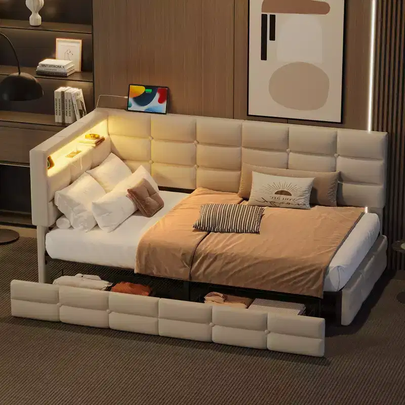 Upholstered Twin Daybed with 2 Storage Drawers, Charging Station, LED Lights and Headboard, Beige