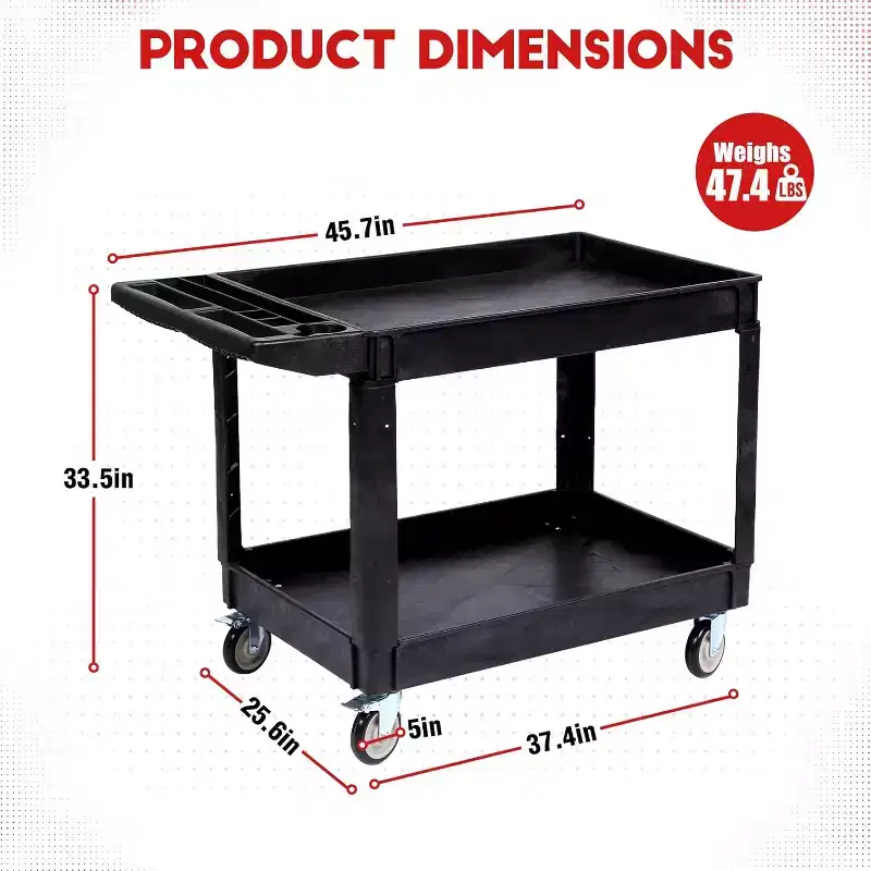 2 Shelf Heavy Duty Utility Cart 550LBS Capacity 360 Swivel Wheels with Brakes for Warehouse Garage Kitchen, 45.7x25.6in