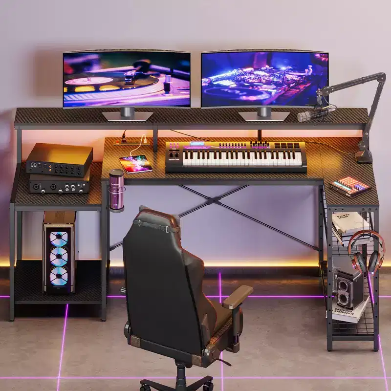 Bestier 71.5 Gaming Desk with Power Outlet, L-Shaped Computer Desk with Monitor Stand, Corner Gamer Table with Adjustable shelf & Headphone hook