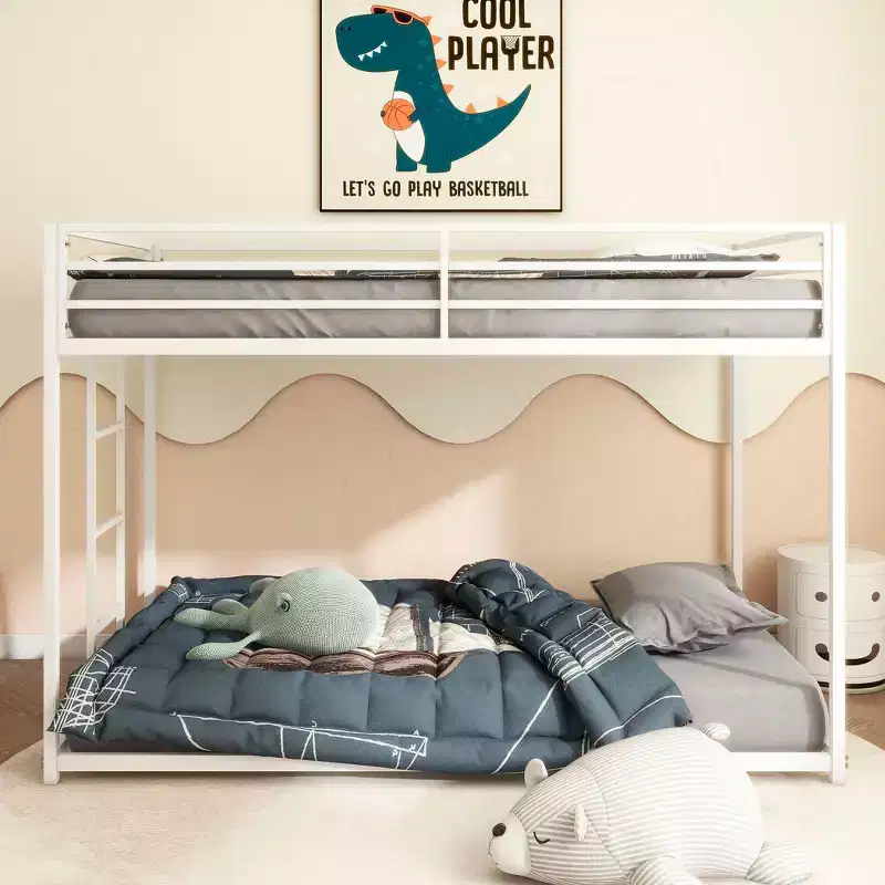76.69IN Twin-Over-Twin Kids Bunk Beds with Metal Frame, Low Profile Bunk Bed with Ladder and Guardrails, Bed Frames for Bedroom, White