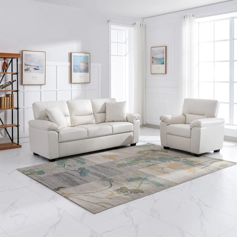 Morden Fort Upholstered Living Room Set, 2 Pieces, Faux Leather Chair, Sofa