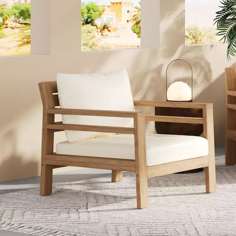 ModernLuxe Outdoor Acacia Wood Patio Chair, Farmhouse Armchair with Water-Resistant Cushions for Garden, Balcony, Backyard, Light Teak+Beige