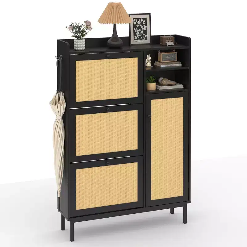 Natural Rattan Shoe Cabinet  Freestanding Storage Organizer with 3 Turn Drawers & 5-Tier Shelves  Modern Entryway, Hallway, Closet Furniture