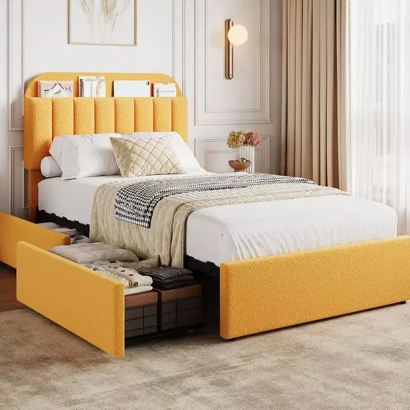 Full Bed Frame with Storage Headboard, 2 Drawers & Boucle Upholstered Bookcase