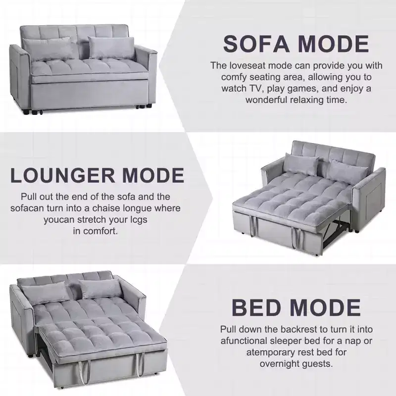 PexFix 3 in 1 Convertible Sleeper Sofa Bed Pull Out Couch Adjustable Backrest Velvet Loveseat Futon Sofa with Pillows for Living Room Apartment Gray